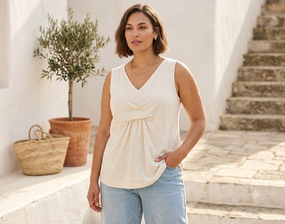 MARINA RINALDI Flax Linen Tank - Ivory - Size Large